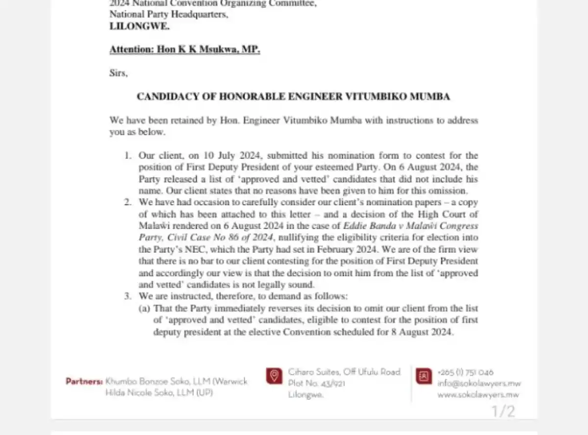 Engineer Mumba lawyers pen MCP NEC, tells them to reverse decision immediately